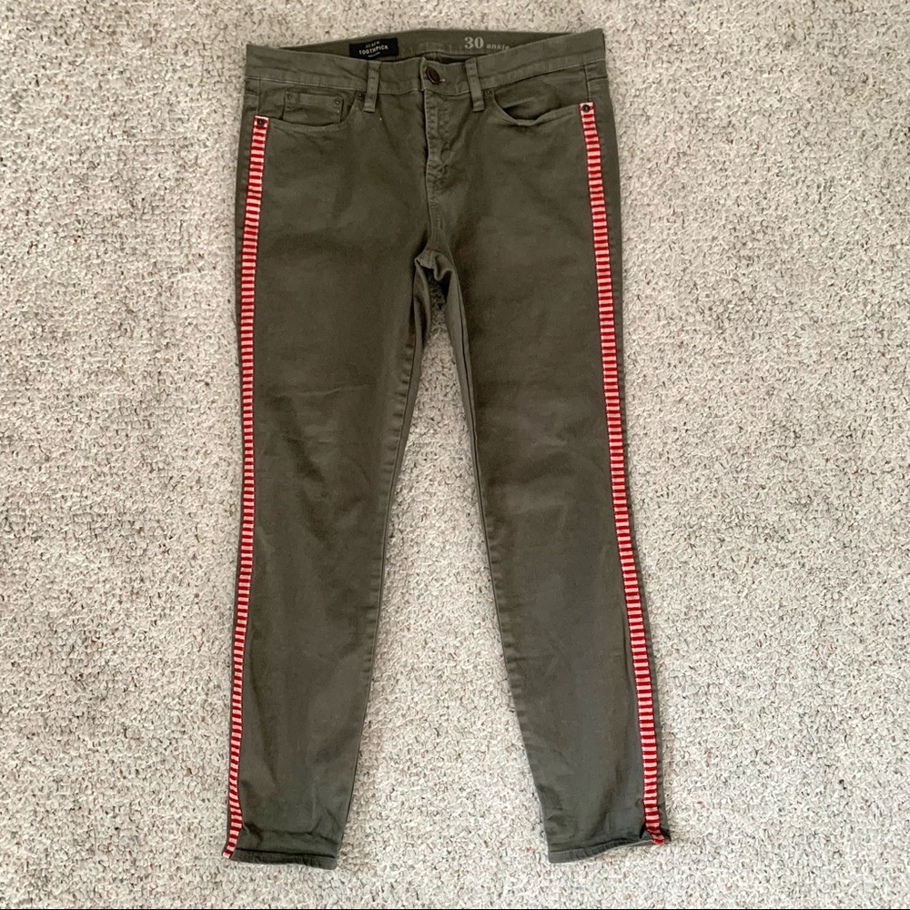 J. Crew Olive Green Side Stripe Toothpick Jeans